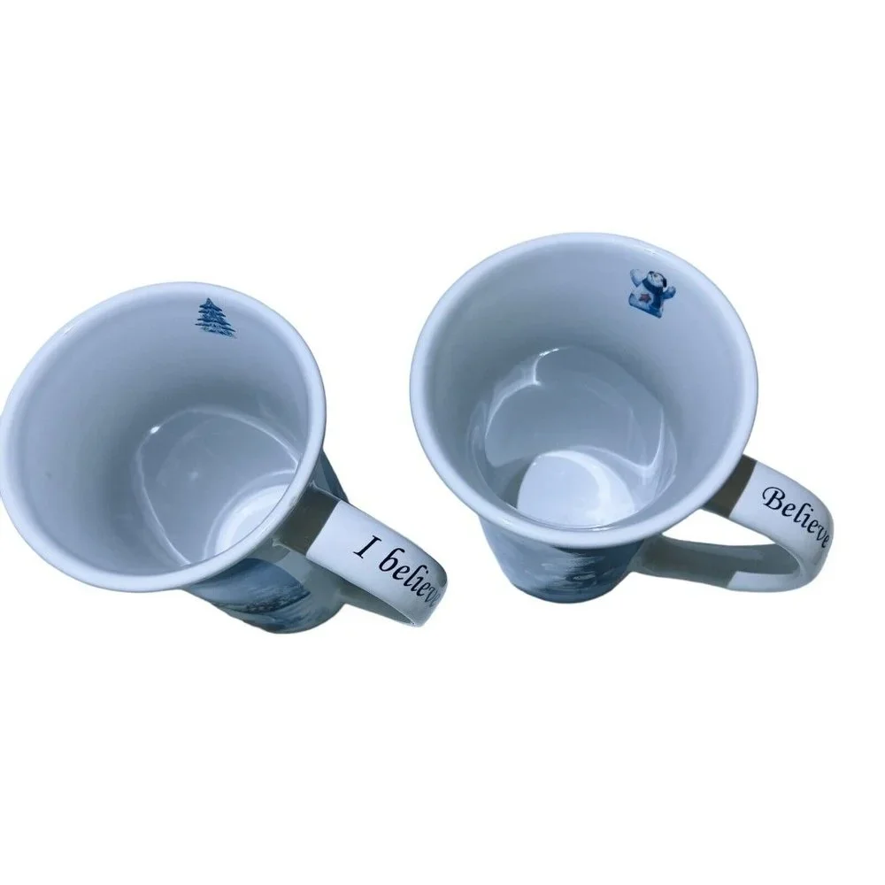 Christmas Winter Time Pair of Latte Mugs Coffee Tea Cups Blue sayings on handles